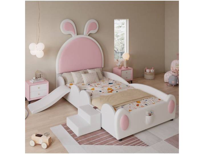 WOVREO Lit enfant rembourré 90x200 cm avec toboggan petite escalier tête de lit oreilles de lapin blanc et rose