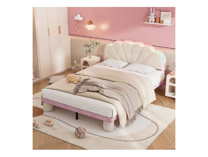 HAUSS SPOLE Polsterbett 140x200 mit gewelltem Kopfteil, Lichtstreifen,runden Beine, Samt, Rosa (mit mehrfarbigen, wechselnden Lichtstreifen, Kopfteil mit Wellenschliff, mit gepolsterter runden Beine, Holzlatten), ohne Matratze