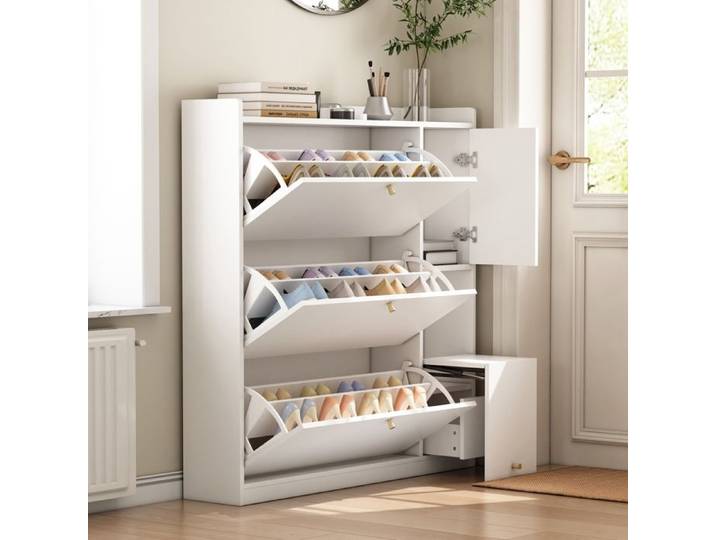 Meuble Chaussure Entree Armoire à Chaussures avec 3 Tiroirs Rabattables Rangement Chaussure avec Banc Rabattable 119x24x122cm