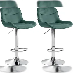 Décoshop26 - Set aus 2 ergonomisch geformten Drehhockern mit dekorativen grünen Samtnähten und verchromtem Metallgestell 10_0006601