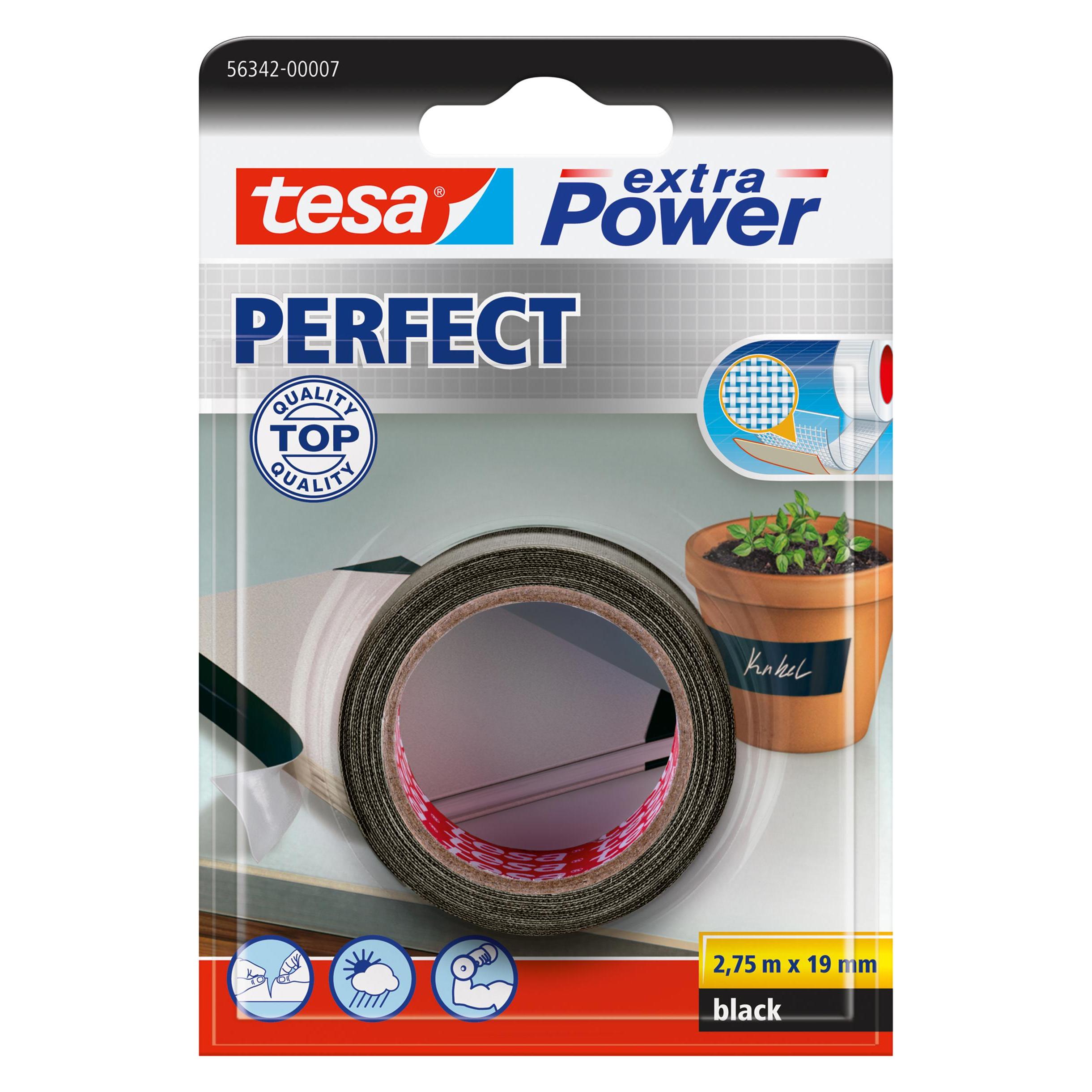 tesa extra Power Perfect, 2,75 m, Schwarz, Stoff, Karton, Papier, 19 mm, Sichtverpackung (19 mm) (291985)