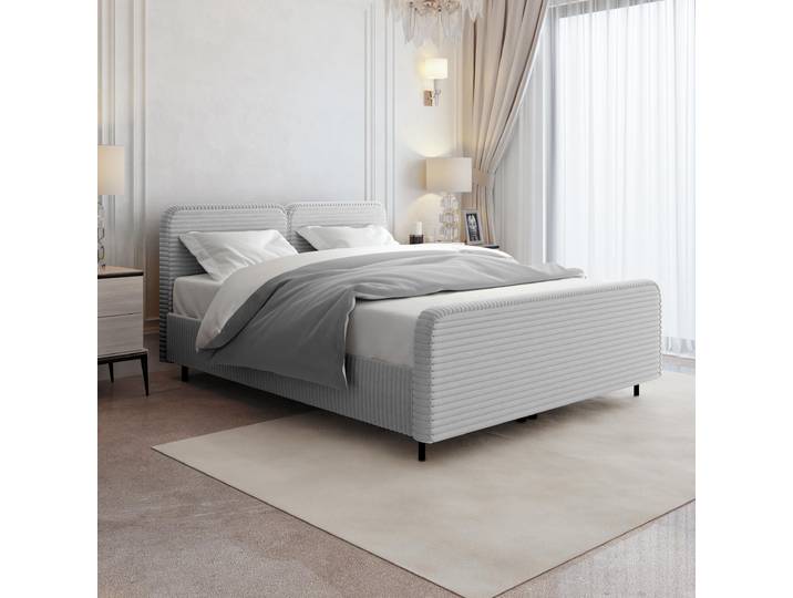 Doppelbett LEA 180x200 cm Polsterbett mit Bettkasten, Matratze & Topper – TILIA - Polsterstoff Hellgrau