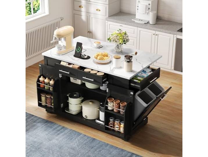 Kücheninsel Freistehend，Küchenwagen mit Rollen，Mobiler Küchenschrank，MDF Moderne Kücheninsel mit Klapparbeitsplatte，mobiler Küchenschrank mit USB/Type-C, verstellbaren Regalen & Auszieh-Müllraum
