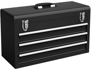 Portable metal heavy-duty toolbox w/ 3 drawers designed to be lockable