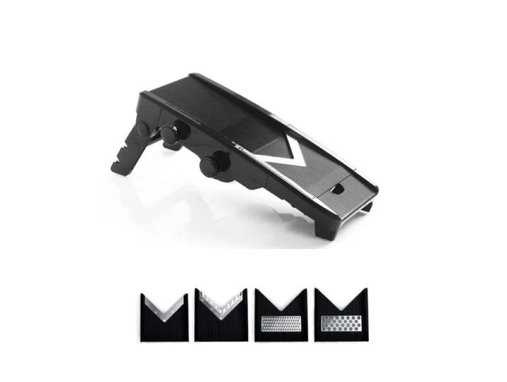 Mastrad Mandoline multi-lames à lame en V – 6 lames en acier inoxydable – Trancher, râper et tailler en julienne – Épaisseur réglable 1 à 9 mm