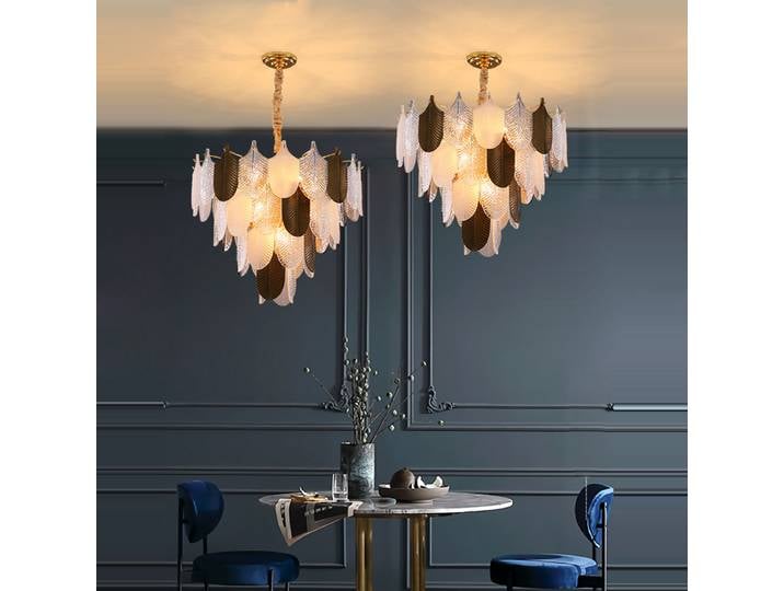 Lustre LED E14 en verre feuille dorée et argentée 2026 – Suspension luminaire pour salon
