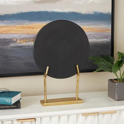 ARCILLA ELEMENTAL Black Marble Textured Disk Abstract Sculpture with Silver or Gold Stand