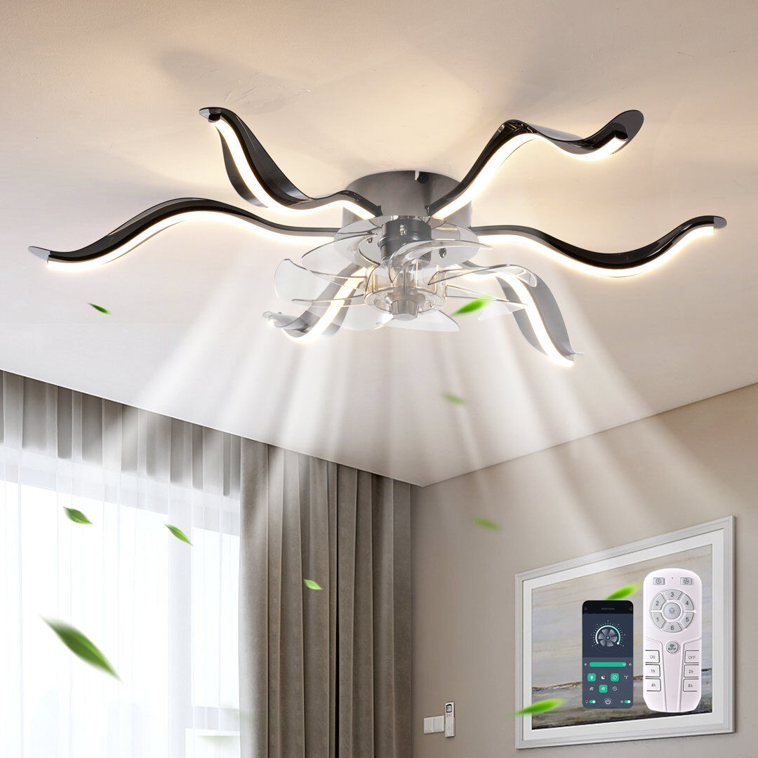 Blue Elephant 6-Speed 63cm Dimmable LED Reversible Flush Mount Ceiling Fan With Remote And App Black 30cm