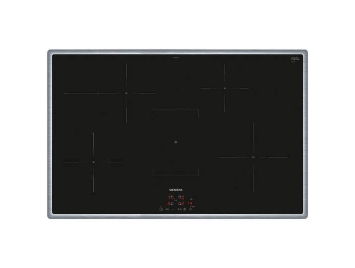 Siemens Induktionskochfeld PowerLine, Schwarz, Edelstahl, Glas, Metall, 79.5x5.5x51.7 cm, Kindersicherung, Sicherheitsabschaltung, Hauptschalter, Restwärmeanzeige je Kochzone, Edelstahlrahmen, Timerfunktion, Küchen, Küchenelektrogeräte, Kochfelder, Induktionskochfelder