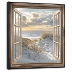LEINWAND Bilder mit Rahmen - Ausblick - Strand - Dünen - Meer - Natur - 90x90