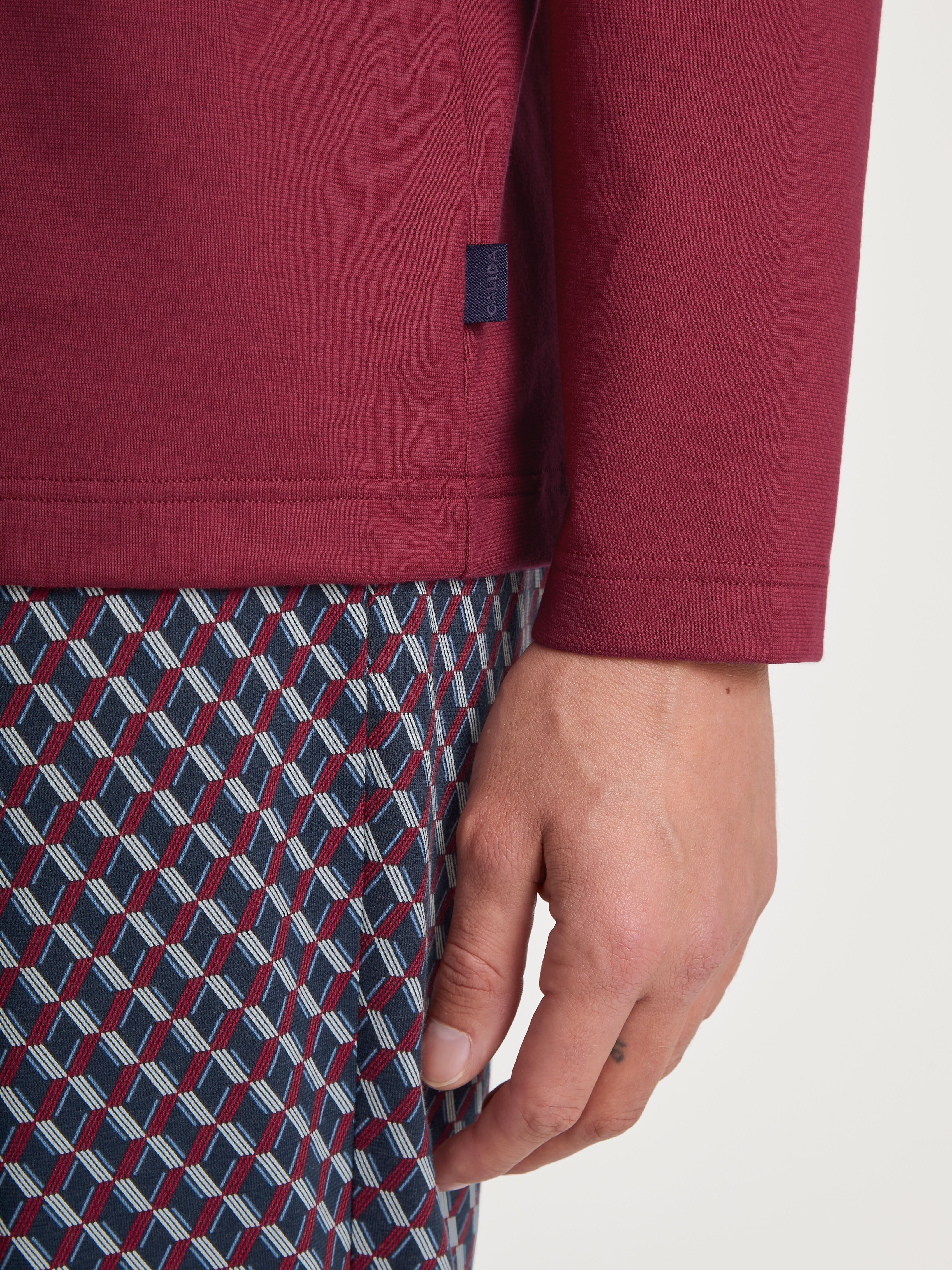 Pyjama CALIDA "Relax Imprint", Herren, Gr. S (46/48), rot (mars rot), Obermaterial: 100% Baumwolle, gemustert, unifarben, bequem lang, Rundhals, Homewear-Sets Pyjama, mit aufgesetzter Brusttasche mars rot S (46/48)