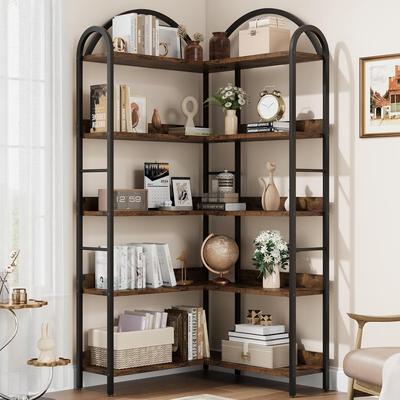 Garvee "68.5"" Industrial L-Shaped 5-Tier Arched Metal Corner Bookshelf, Brown"