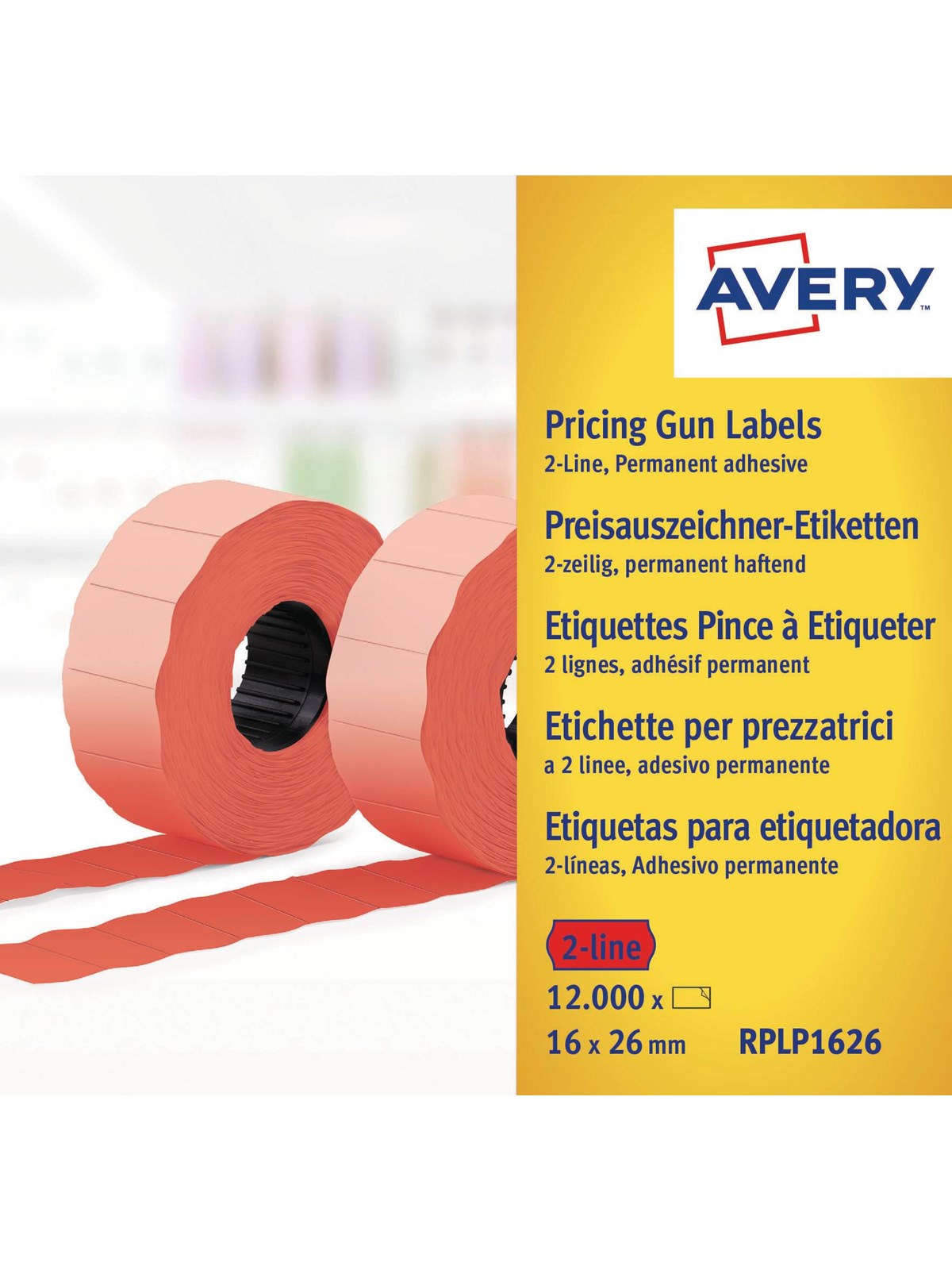 Avery Label on roll for 2 lines up to 18 digits permanent red