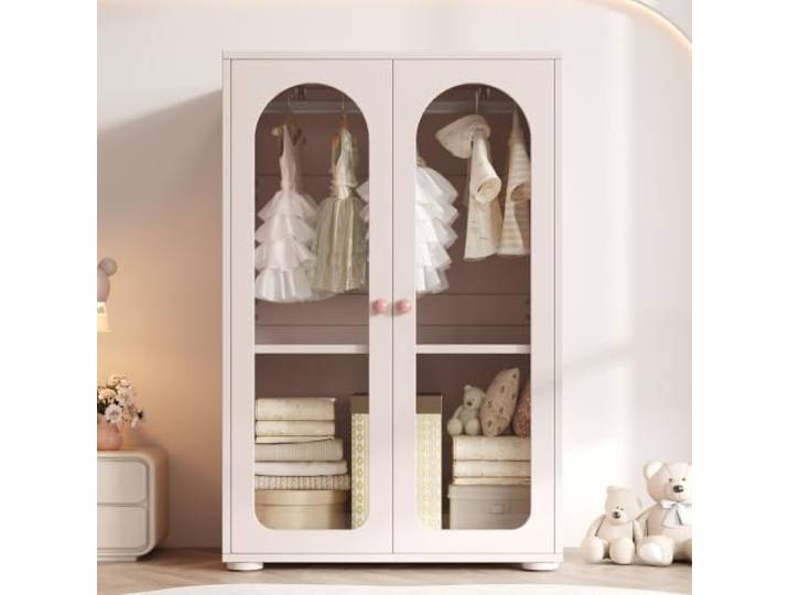 Kinderkleiderschrank Babyrosa 80×50×120 cm mit Acryl-Transparenttüren Kinderschrank mit Verstellbaren Einlegeböden, Keramikgriffen, Kleiderstange, Kleiderschrank Kinderzimmer
