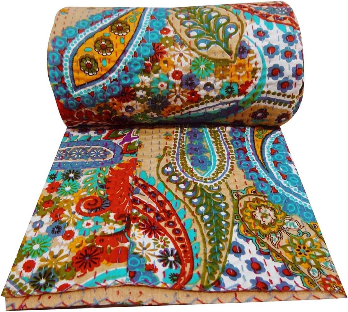 Handgemaakte katoenen patchwork quilt in mix kleuren - Queen size Kantha stijl dekbed