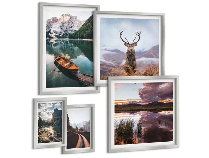 Tulup Bilder SET 5er Set - 50x50 cm & 20x30 cm & 40x60 cm Silberner Rahmen - Bergsee, Bootsfahrt, Sonnenuntergang, Hirsche, Silberfarben, Kunststoff, Rechteckig, 40x60 cm, Fotografie, Bilder & Rahmen, Bilder