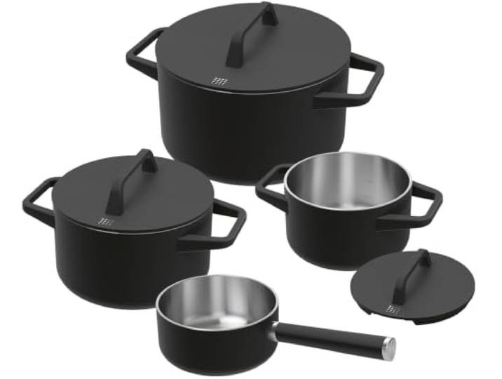 BORA KWPAP1 Topfset 7-Teilig, aus Edelstahl, 1-5 Liter Fassungsvermögen, Kochtöpfe, Stielkasserolle, Kippdeckel, Induktionsgeeignet, Spülmaschinengeeignet, Schwarz