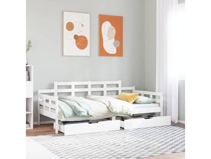 Tagesbett 2-in-1 mit Schubladen, Weiß, 80 x 200 cm, Massiv-Kiefernholz Schlafsofa mit Sicherheitsbarrieren, inklusive Latten, ohne Matratze, integrierte Aufbewahrung