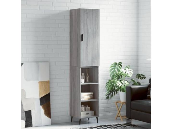 Elegantes Highboard mit Stauraum in Grau Sonoma, Modernes Highboard mit praktischer Tür aus Holzwerkstoff, aus Holzwerkstoff mit Metallfüßen, Stabiles mit Wandhalterung