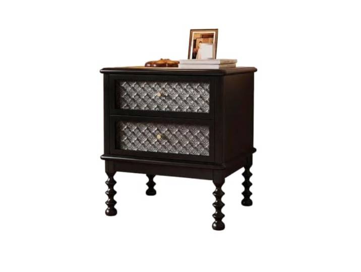 Nachtkästchen Nachttischschrank mit 2 Schubladen im Retro-Stil aus Holz Geprägte, strukturierte Schubladenfronten, klassischer Vintage-Stil for die Schlafzimmerdekoration(Black)