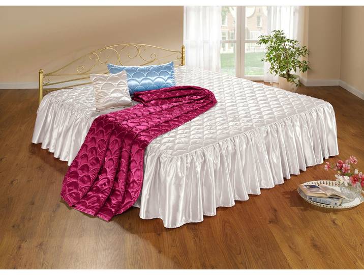 Edel glänzende Tagesdecke und Kissenbezüge mit Steppung in Muscheloptik, Creme, Größe 914 (für Doppelbett, 2 Volants, 280x210 cm)