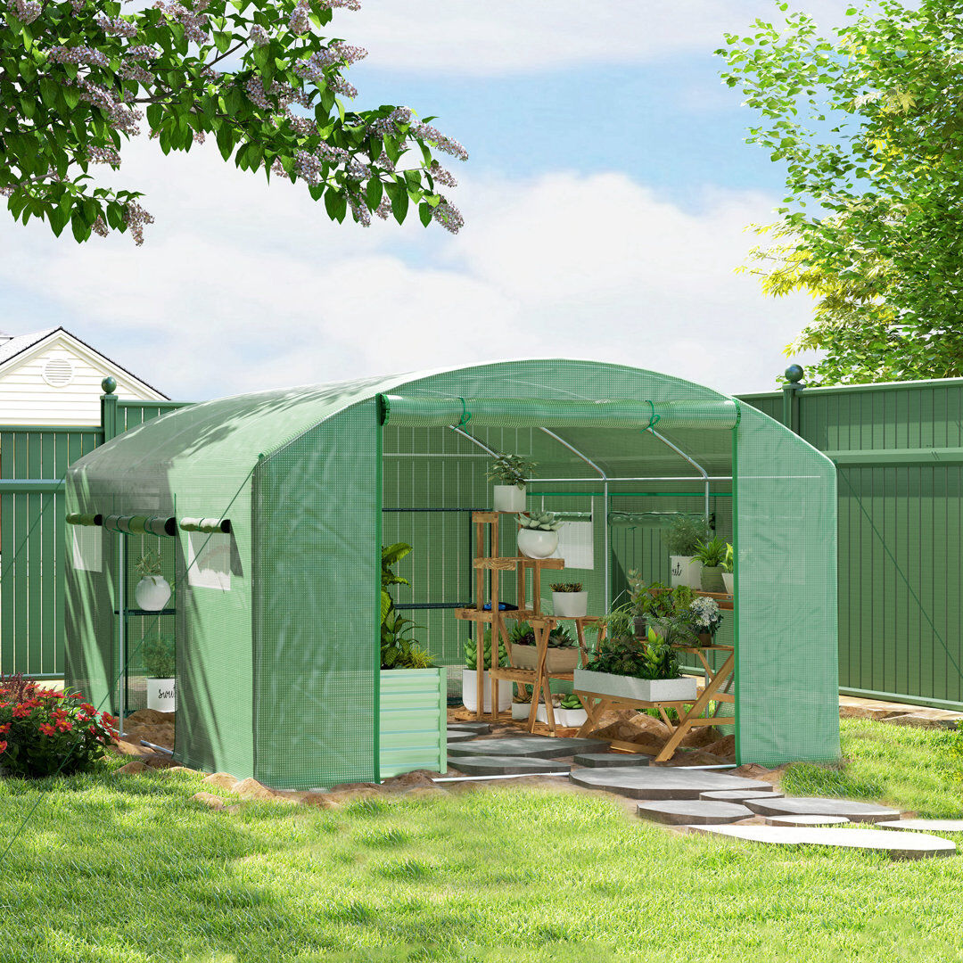 Outsunny 4 x 3 x 2m Polytunnel Greenhouse, 3 Roll-up Doors, Walk-in Green 200cm H x 300cm W x 397cm D