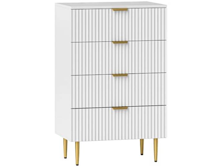 HOMCOM Schlafzimmer Kommode mit 4 geschlitzten Schubladen, Moderne Kommode mit Griffen und vergoldeten Beinen, Holzschrank für Wohnzimmer, Schlafzimmer und Flur, 60x40x96 cm, Weiß