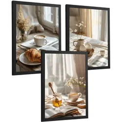 POSTER 3er Set Kaffee und Frühstück Wandbilder Croissant Honig und Tee Gemütlich Nordisch Küche Deko Schwarzer Rahmen A3