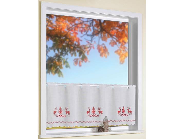 Scheibengardine WECKBRODT Hirsche Gr. 2, weiss (rot, naturweiß), B:155cm H:45cm, Polyester, Gardinen, Scheibengardine, Bistro, Batic, echte Stickerei, blickdicht, gebogt, Gardine, Store