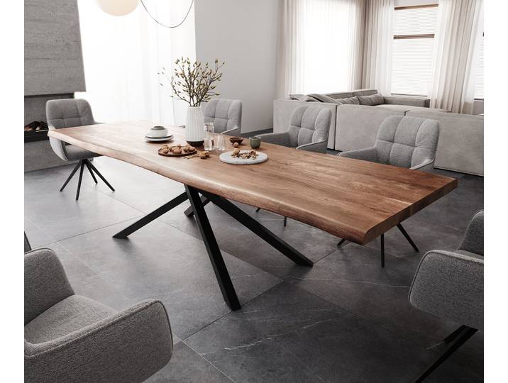 Esstisch Edge 300x100 XL Akazie Braun Kreuzgestell Rechteck Schwarz Live-Edge, Esstische, Baumkantenmöbel, Massivholzmöbel, Massivholz
