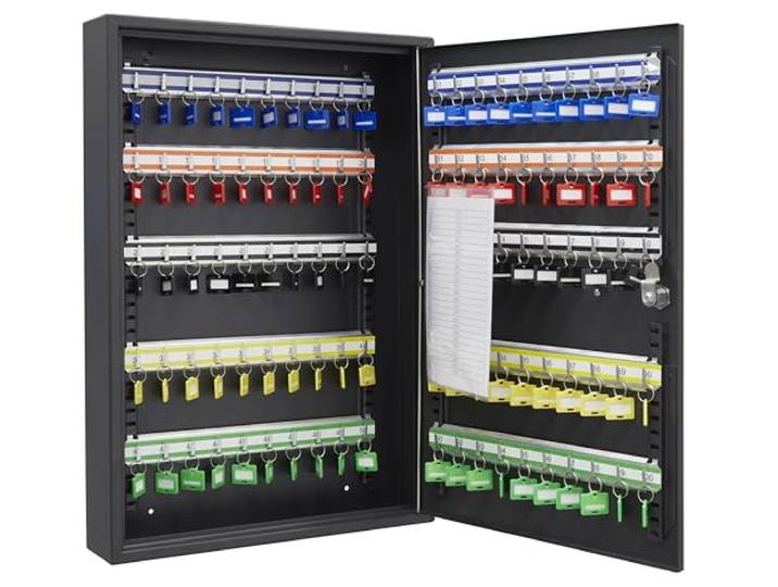 ARREGUI PL100EN Schlüsselschrank mit 100 verstellbaren Haken Schlüsselbox aus Stahl mit IP65 Elektronikschloss Schlüsselkasten mit Zahlenschloss Programmierbare Codes 55x38x8 cm Schwarz