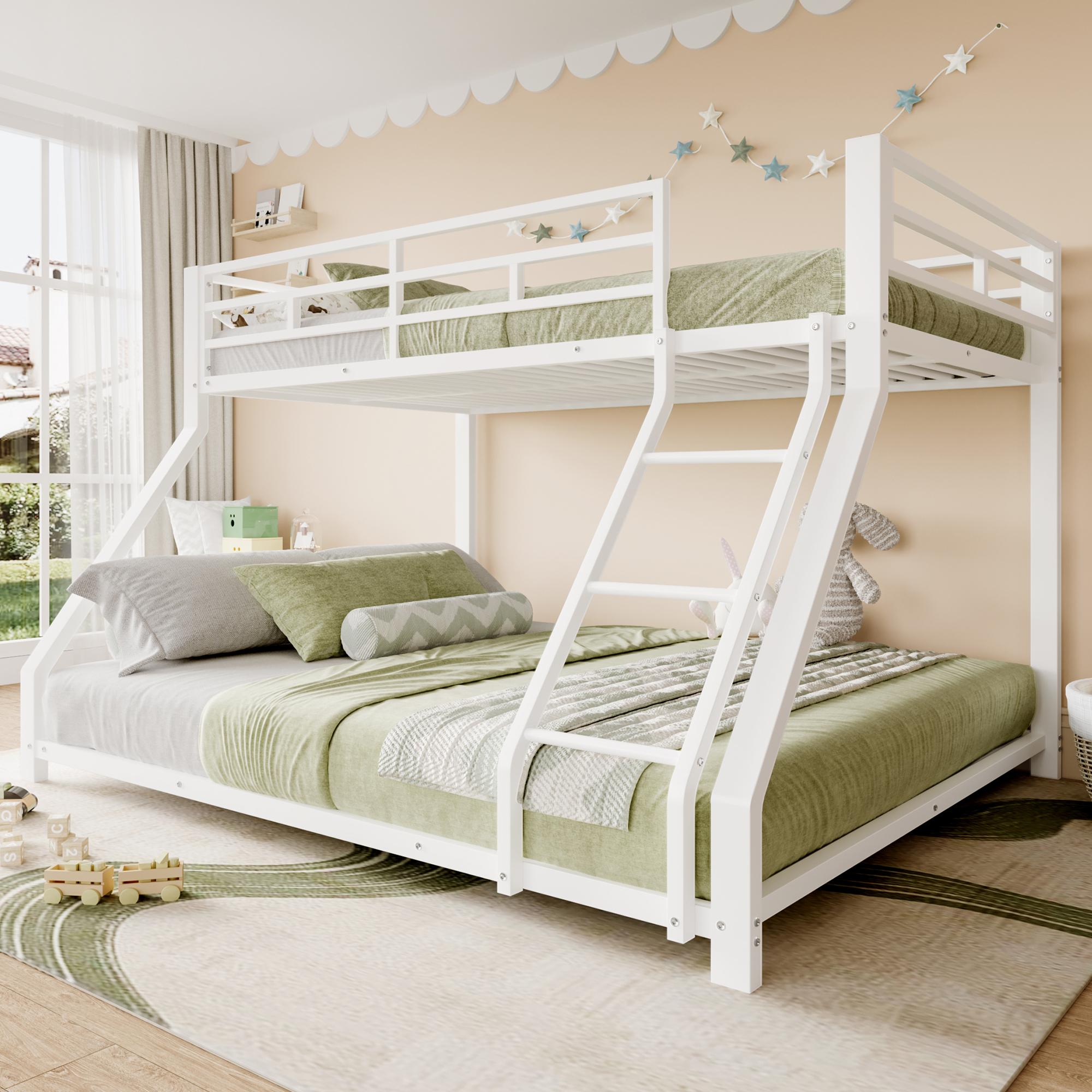 Merax Etagenbett 90x200 & 140x200 cm, Kinderbett, Stockbett, Eisenbett mit Treppe, Geländer, Metall Hochbett für Jugendliche, Weiß