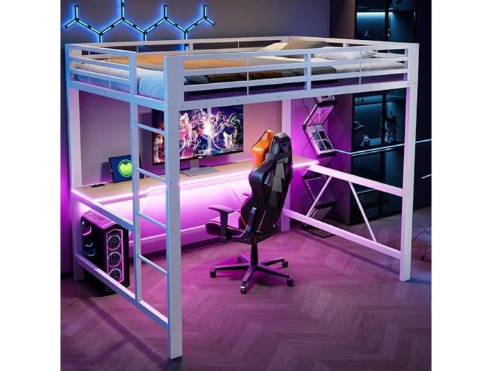 BTM Gaming Bett Jugendbett 140 x 200 cm Metall Hochbett mit Schreibtisch und USB, Kinder Hochbett mit LED, Weiß