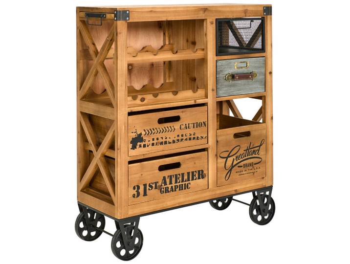 Landscape Barwagen, Grau, Natur, Schwarz, Holz, Metall, Tanne, massiv, 5 Schublade(n) Schubladen, rechteckig, 32.5x98x82.5 cm, mit Flaschenhaltern, ausziehbar, Esszimmer, Barmöbel, Barwagen