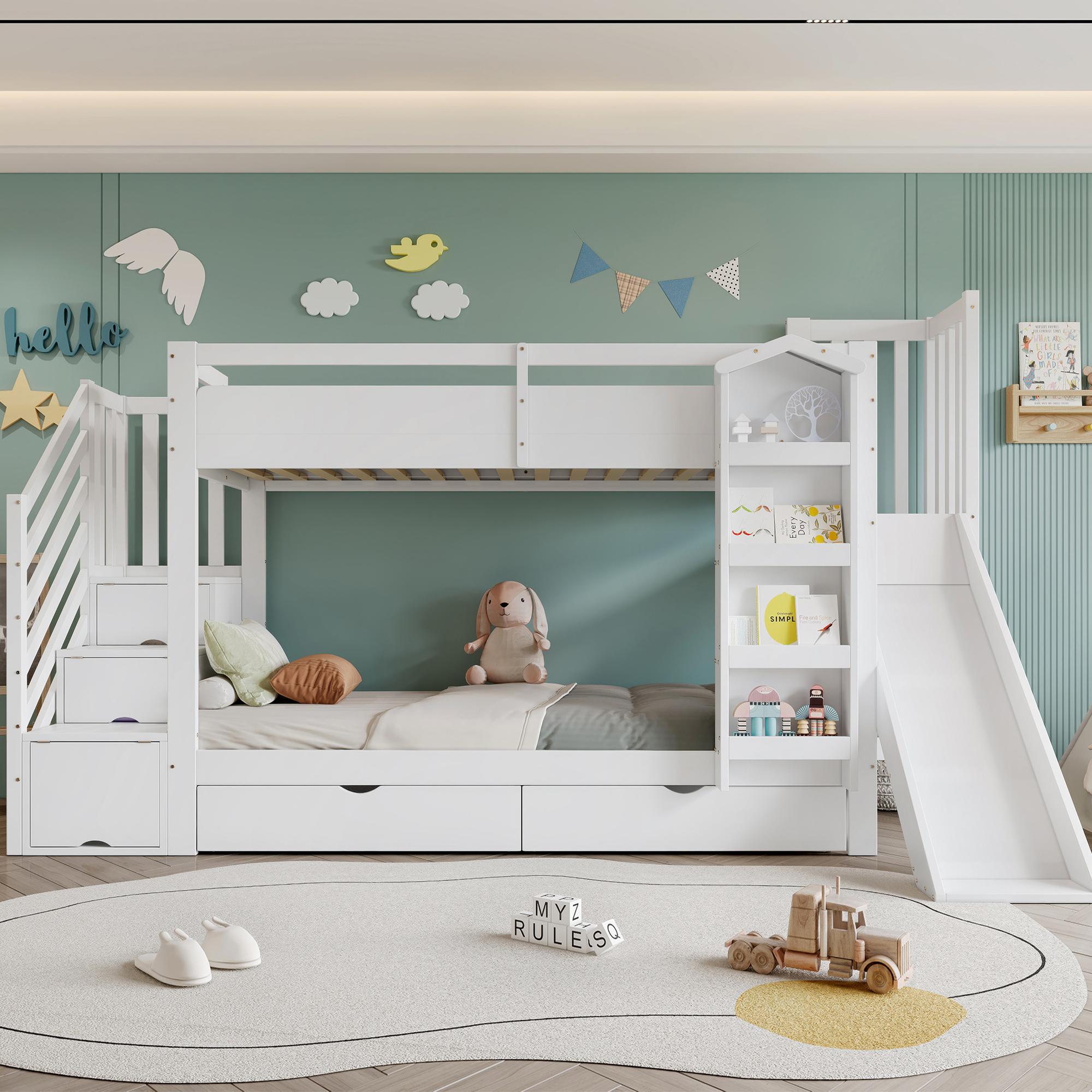 Flieks Etagenbetten 90x200cm mit 2 Schubladen, Kinderbett mit Rutsche, Kinder Hochbett mit Stauraumtreppe und Lattenrost, Weiß
