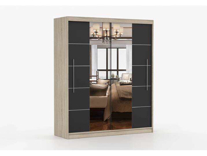 Schwebetürenschrank TORINO III 203 cm Sonoma Eiche Schwarz + Spiegel Ohne LED-Beleuchtung