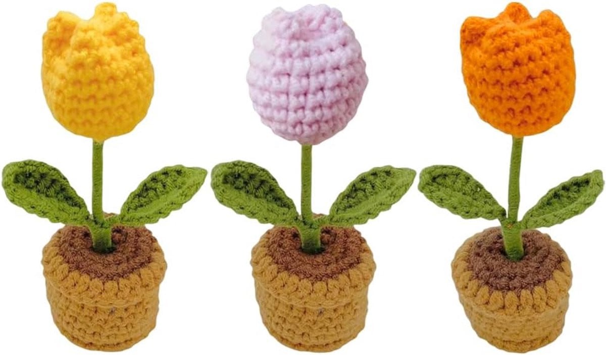 Set van 3 handgemaakte gehaakte kunstbloemen in pot voor decoratie