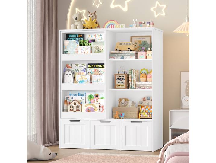 Getone Bibliothèque Enfant Meuble Rangement Enfant avec Porte Coulissante Meuble Chambre enfant avec 10 Étagères 3 Tiroirs Roulants Bibliotheque Étagère Enfant Meubles Rangement Jouet Enfant