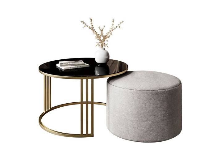 COUCHTISCH mit Hocker LORI GLASS gebürstetes Gold/schwarzes Glas/Perfect Harmony 82