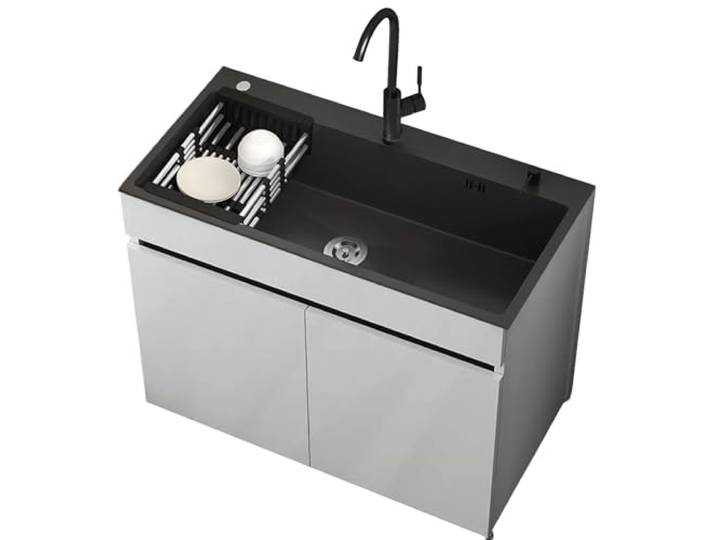 Freistehende Edelstahl Küchenspüle mit Ausziehbarer Armatur, Aufbewahrungsschrank, Industrielle Spüle mit Abtropfkorb für Restaurant, Outdoor, Garten, Küche