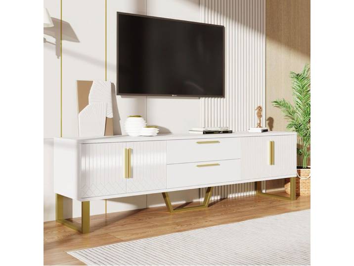 Meuble TV haut brillant 170 cm 4 portes 2 tiroirs rangements et passe-cbles - LPOSPI - MDF blanc et doré