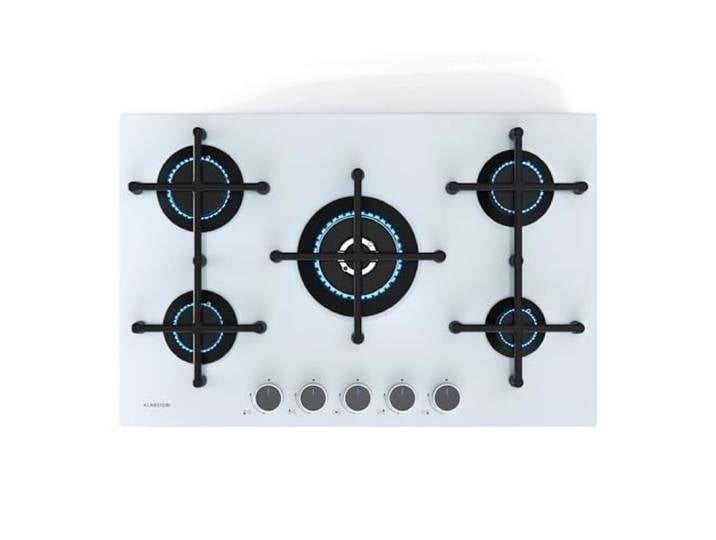 Klarstein Illuminosa 5 Gaskochfeld, 5 Sabaf-Brenner, 4 kW Wokbrenner, Gehärtetes Glas, Elektrische Zündung, Flammenausfallschutz, Topfhalter aus Gusseisen, 76 cm breit, Verbesserte Kochleistung