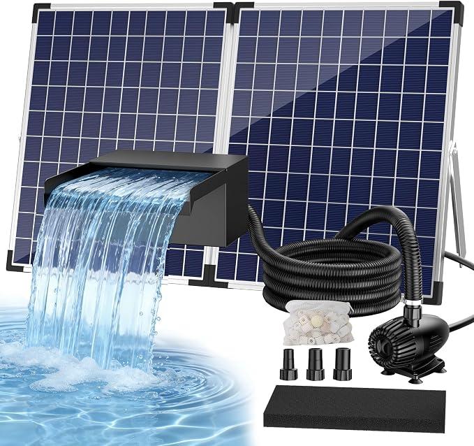 PolkaHome Solar-Wasserfall-Set aus Edelstahl 50W mit Pumpe und Filter für Teiche bis 3000L