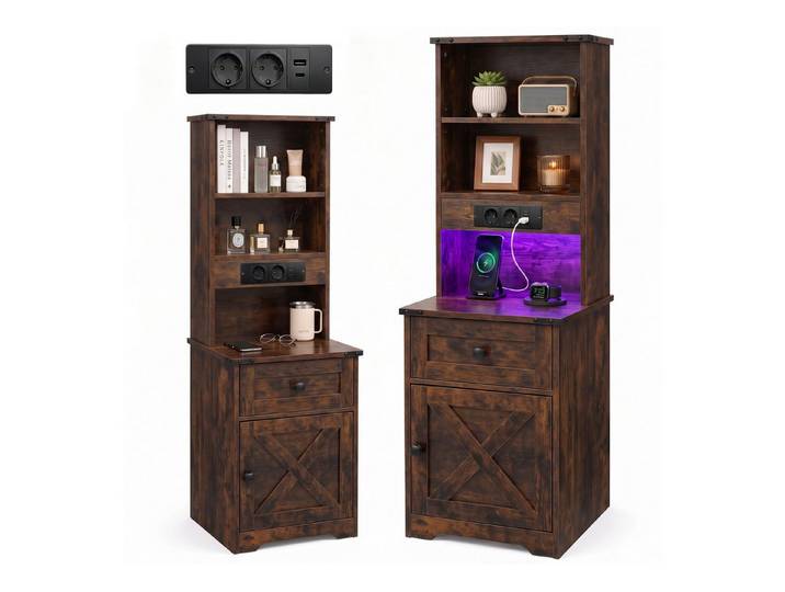 Patbrela Nachttisch mit Regal, Steckdosenleiste & RGB-LED, 45 × 45 × 130 cm, mit Schublade und Schrank, Farmhouse-Stil