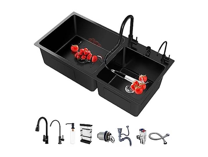 Spüle Küchenspüle Spülbecken Einbauspüle 2 Becken mit Herausziehbare Armaturen mit kleinen Wasserhahn SpüleKüche Spülbecken 2 Becken mit Spüle Zubehör (Schwarz, 78 * 43CM)