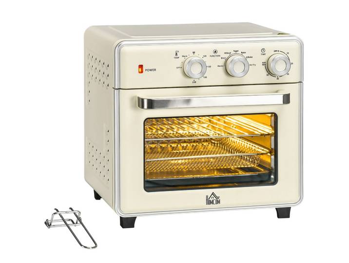 HOMCOM 20-Liter-Minibackofen mit Umluftfunktion, Backblech, Grillrost und Krümelschublade, Heißluftfritteuse mit 5 Modi und Frittierkorb