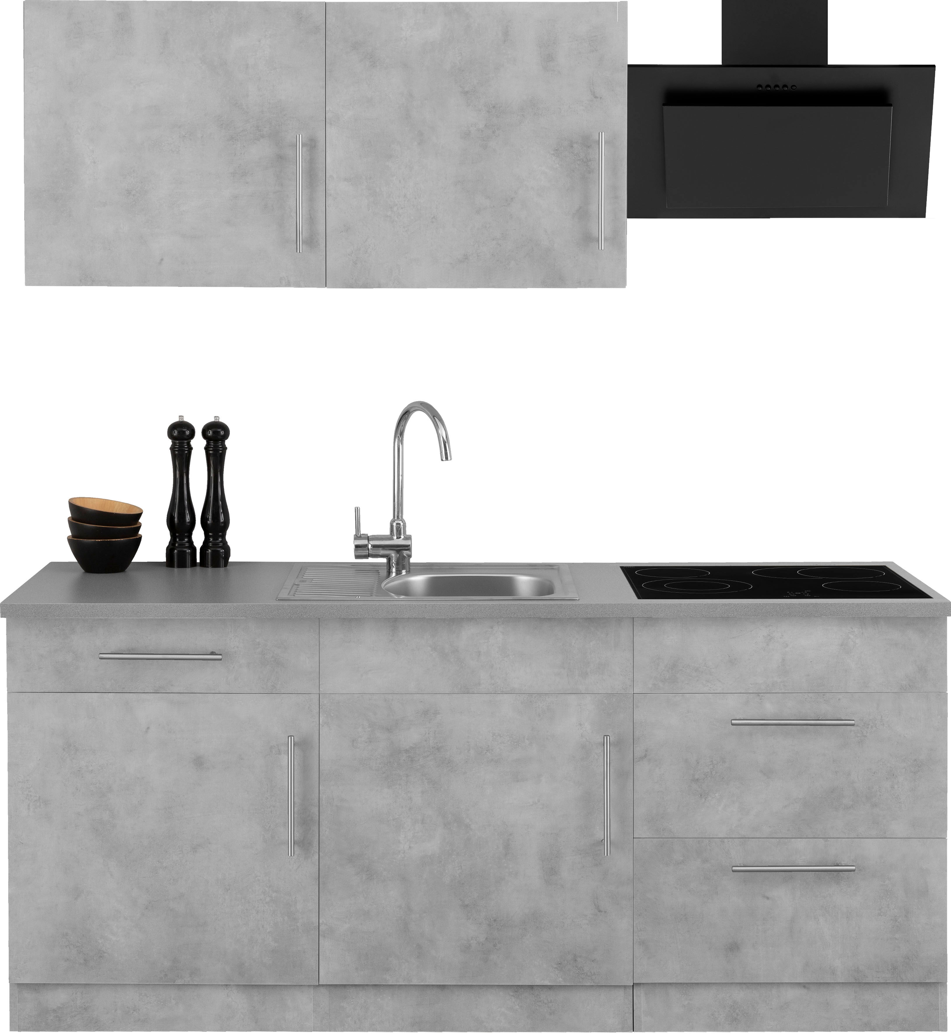 Küche WIHO KÜCHEN "Cali", grau (küche: grau, front: betonfarben, korpus: betonfarben, arbeitsplatte: canvas grau), B:180cm T:60cm, Komplettküchen-Sets, Küche, wahlweise mit E-Geräten, Breite 180 cm