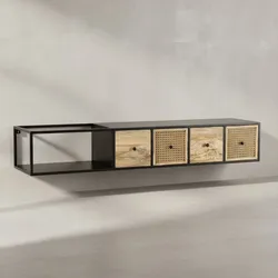 KADIMA DESIGN Lowboard Hängend Mango Massivholz/Metall, TV-Schrank, Schubladen & Rattan-Fronten