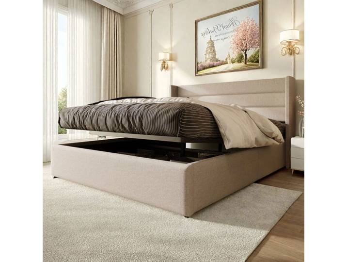 Lit 160x200 cm - tissu en Lin - cadre de lit adulte - lit adulte 160x200 cm - Beige