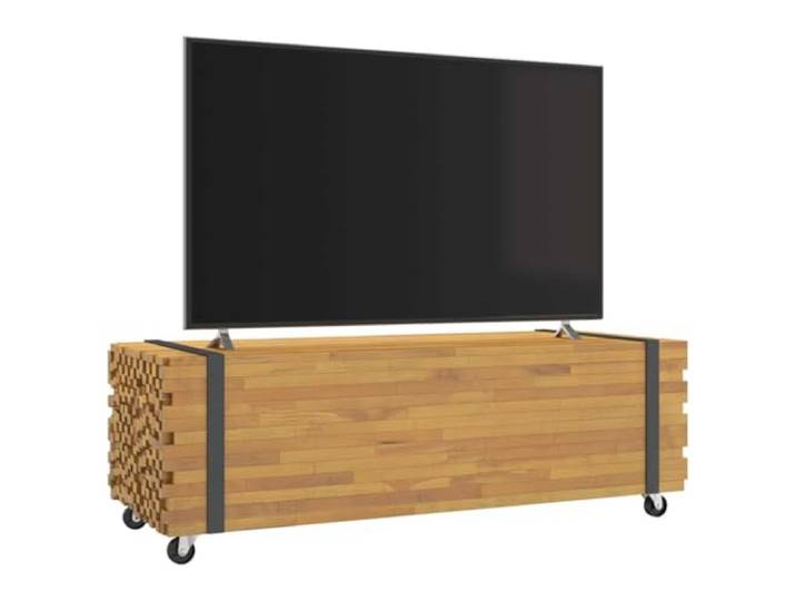 HEFZGDB Massiver Teakholz Couchtisch 110x45x35 cm mit 4 Rädern, Beistelltisch und Ablagetisch für Wohnzimmer, Stabile Oberplatte, Robustes Naturmaterial, Wetterfest und Langlebig,